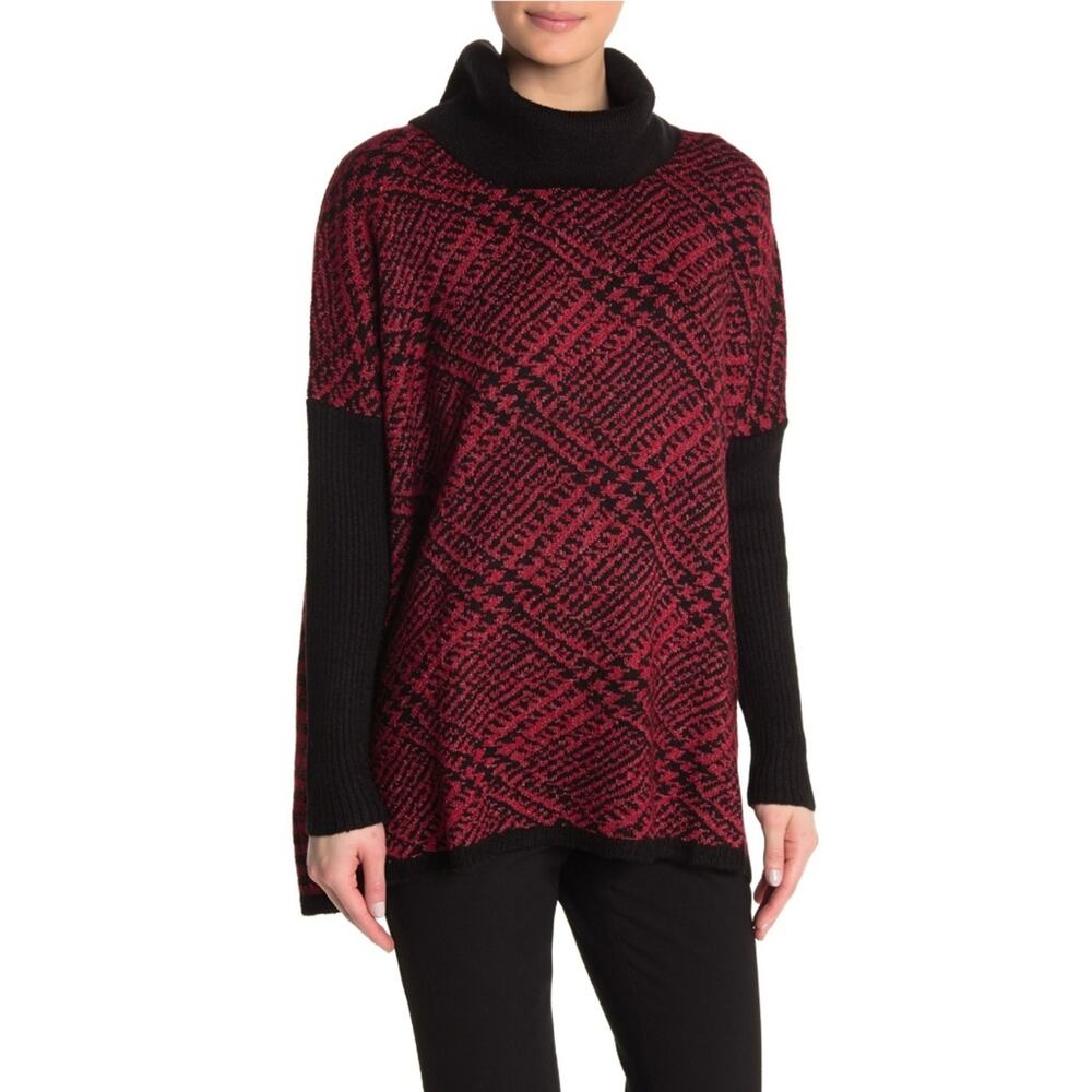 NWT Joseph A Nordstrom Black & Red Plaid Cowl Neck Pullover Chunky Knit Sweater